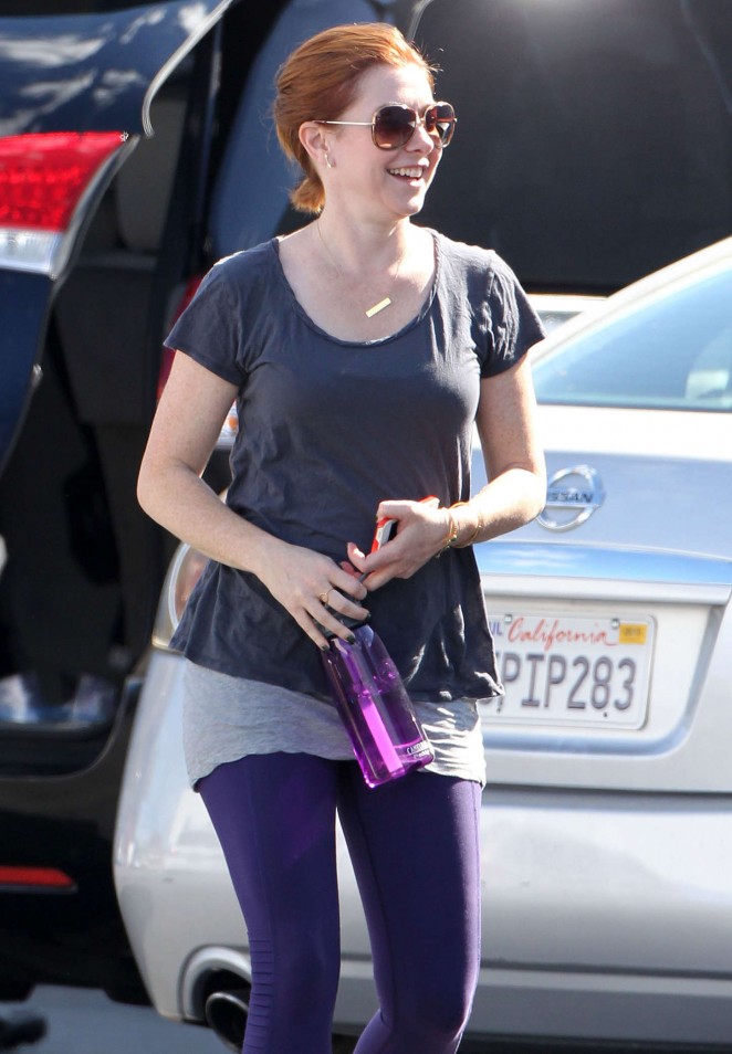 Alyson Hannigan in Purple Leggings out in Santa Monica