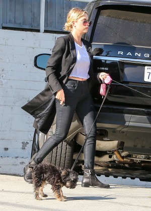 Ashley Benson in Tight Pants walking her dog in Hollywood