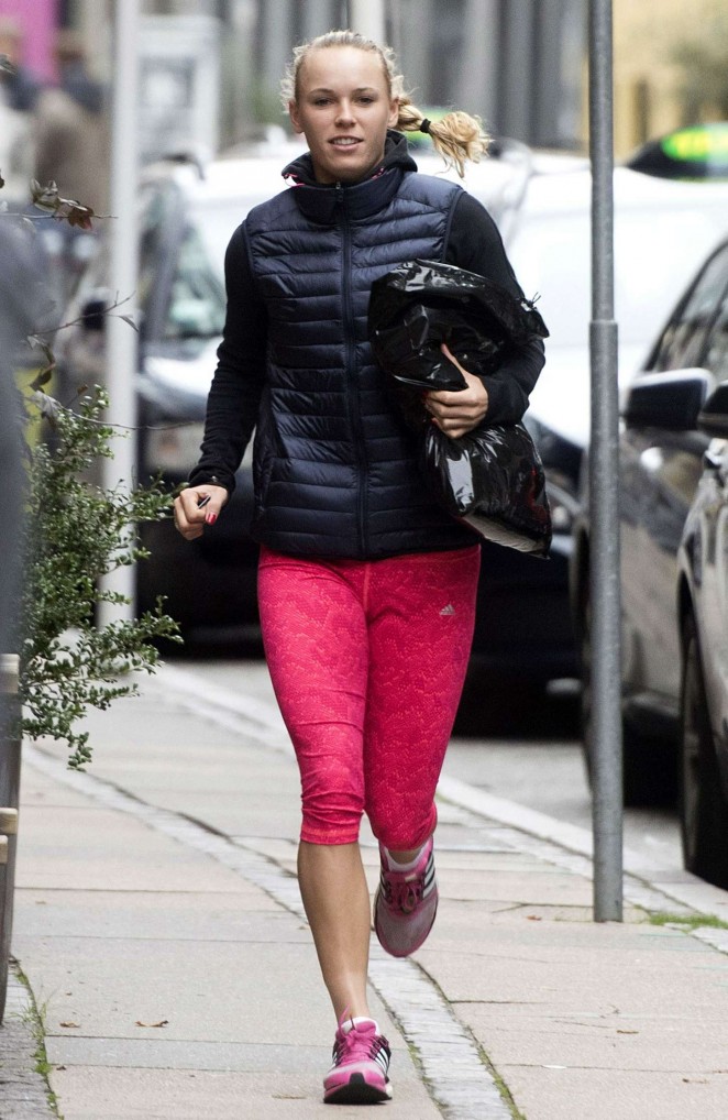 Caroline Wozniacki in Pink Leggings out in Copenhagen