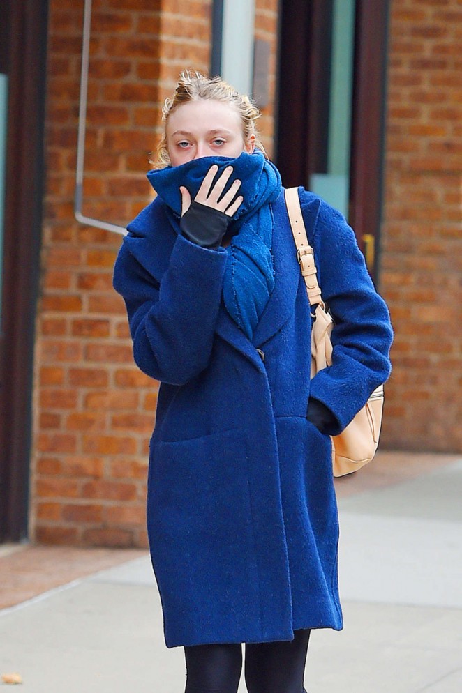 Dakota Fanning in Blue Coat Out in New York