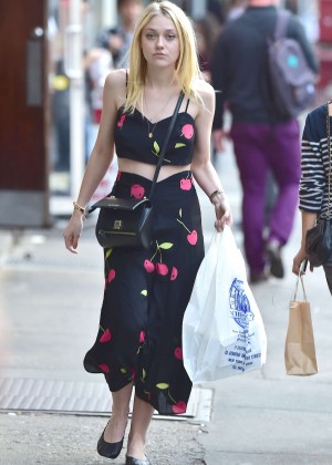 Dakota Fanning in Long Skirt and Crop Top out in Soho