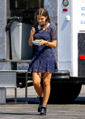 Emily Ratajkowski in Blue Mini Dress Filming "We Are Your Friends" Set in Los Angeles