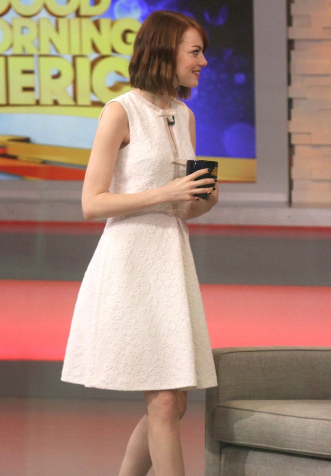 Emma Stone in White Dress at 'Good Morning America' in New York City