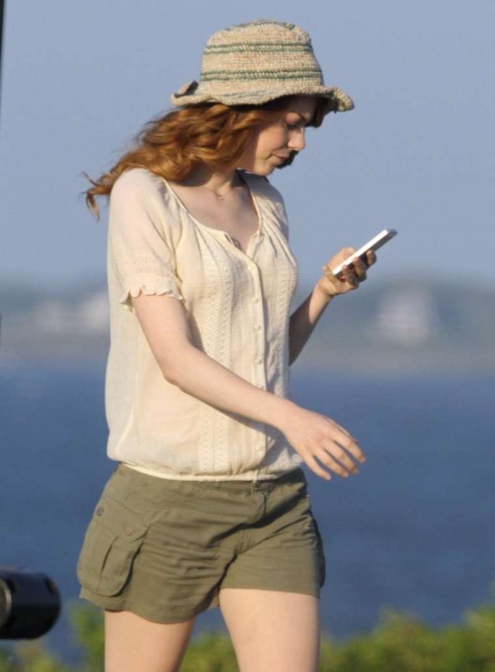 Emma Stone on a film set in Newport, Rhode Island