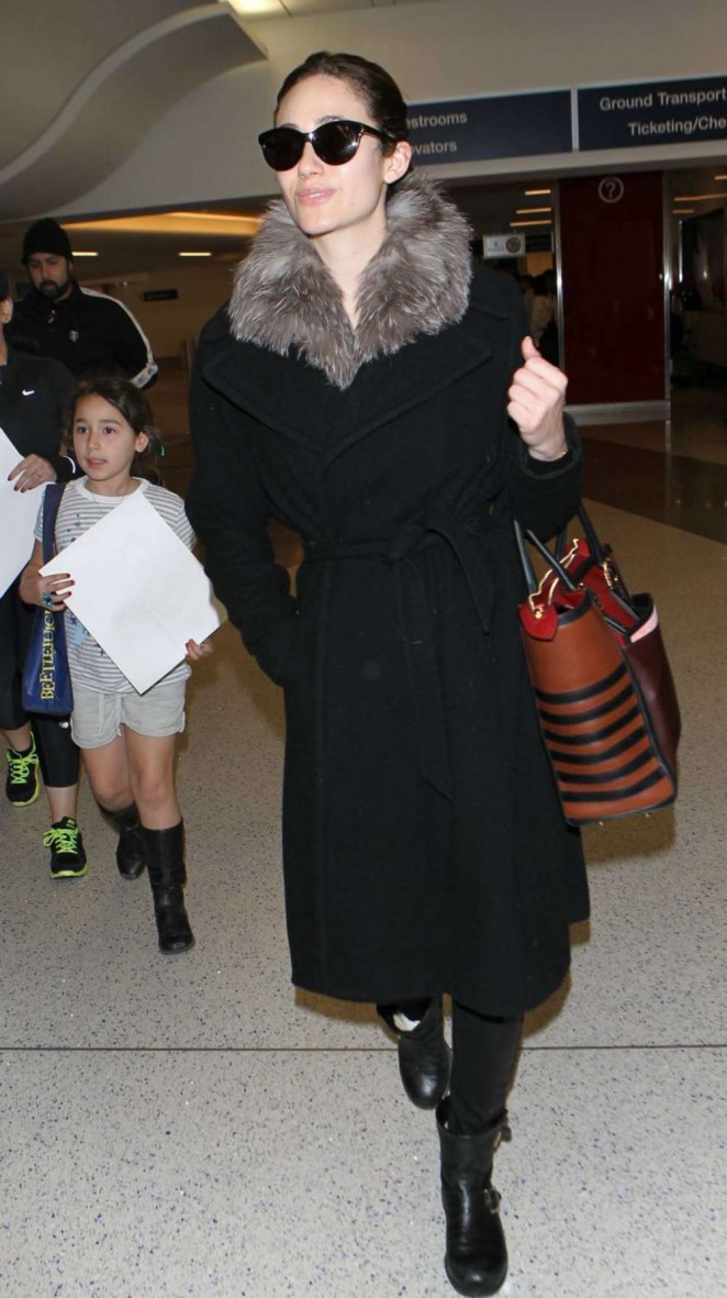 Emmy Rossum in Black Coat Arrives at LAX Airport in LA