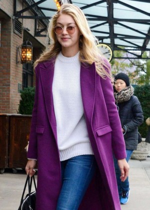 Gigi Hadid in Pink Caot - Out for lunch in NYC