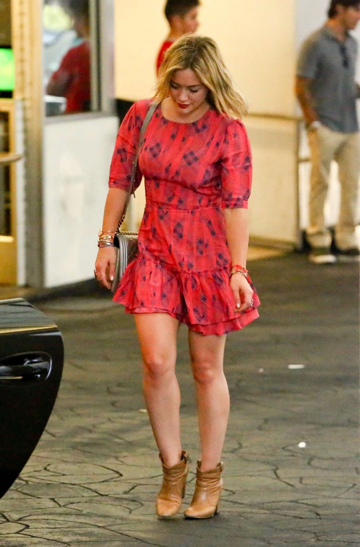 Hilary Duff in Red Dress at E Baldi Restaurant in Beverly Hills