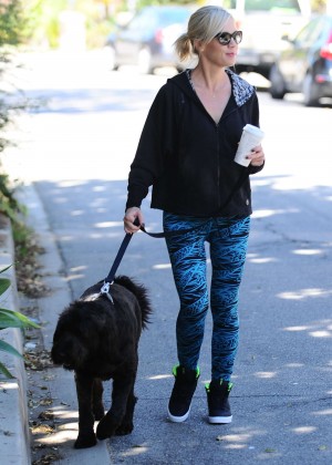 Jennie Garth walking dog out in LA