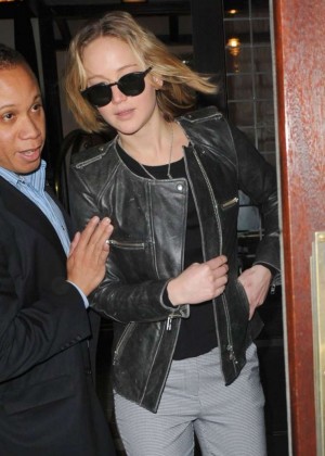Jennifer Lawrence in Grey Pants Leaving her hotel in NYC