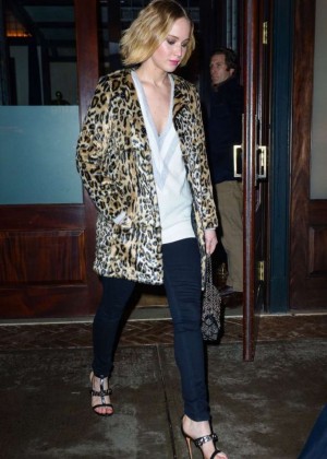 Jennifer Lawrence in Leopard Print Coat Out in NYC