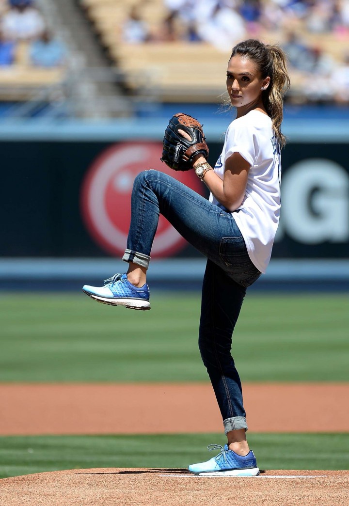Jessica Alba - First pitch at Brewers vs Dodgers Baseball Game in Los Angeles