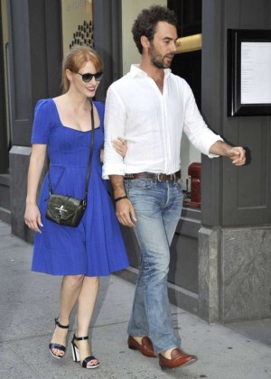 Jessica Chastain in Blue Dress Out in New York City