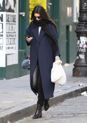 Kendall Jenner in Leather and Blue Coat out in NYC