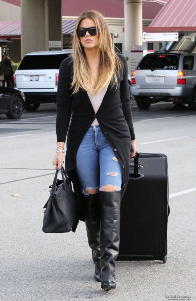 Khloe Kardashian in Tight Ripped Jeans at Burbank Airport
