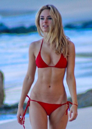 Kimberley Garner in Red Bikini on the Beach in Caribbean