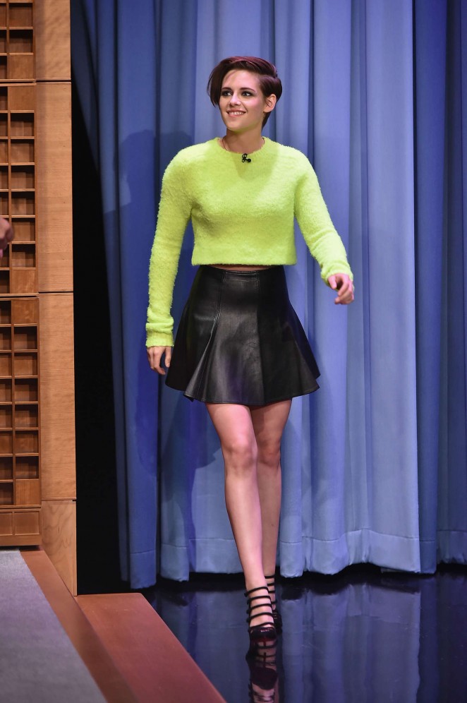 Kristen Stewart in Leather Skirt on The Tonight Show with Jimmy Fallon in NY