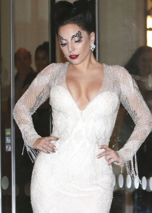 Lady Gaga in White Dress Out in London