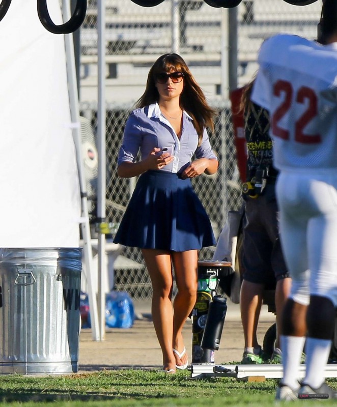 Lea Michele in Mini Skirt on set of "Glee" in Los Angeles