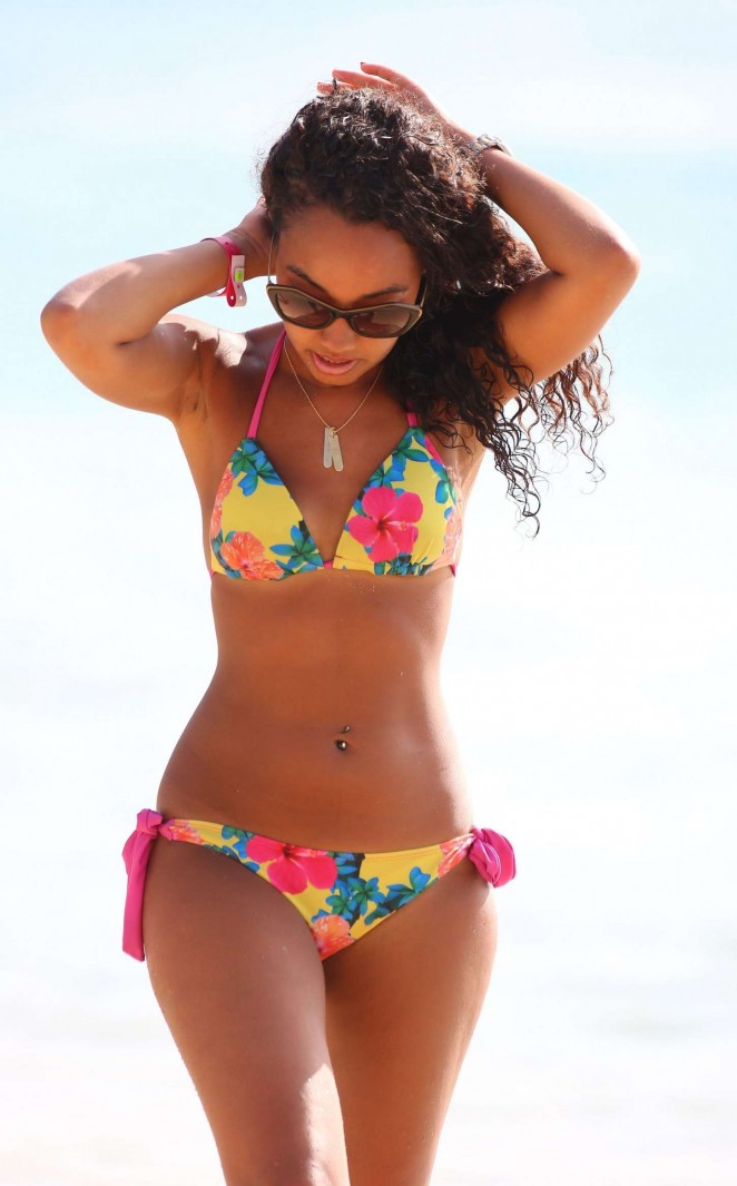 Leigh-Anne Pinnock in Floral Bikini on the beach in Barbados