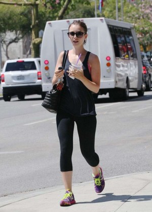 Lily Collins in Spandex Leaves a Gym in Los Angeles