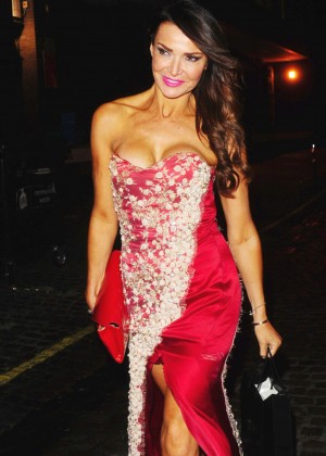 Lizzie Cundy in Red Dress Leaving The Chiltern Firehouse Restaurant in London