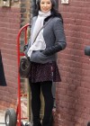 Lucy Liu Leggy in spandex and skirt at Elementary Set Photos  in NYC