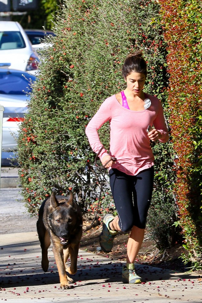 Nikki Reed in Leggings Jogging with her dog in LA