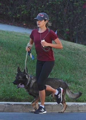 Nikki Reed in Spandex Takes her dog for a run in LA