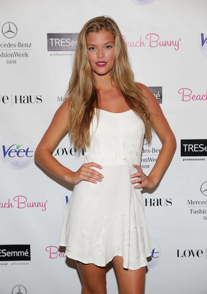 Nina Agdal in White Dress at Beach Bunny Show with TRESemme in Miami