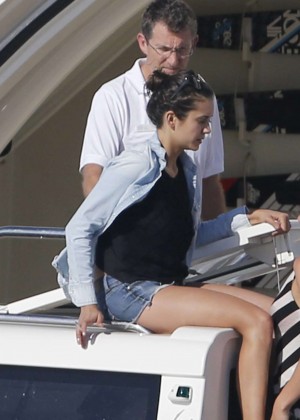 Nina Dobrev in Shorts on a luxury yacht in Formentera