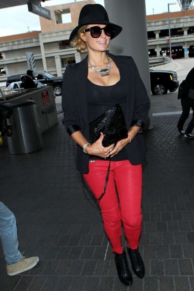 Paris Hilton in Red Pants at Los Angeles International Airport