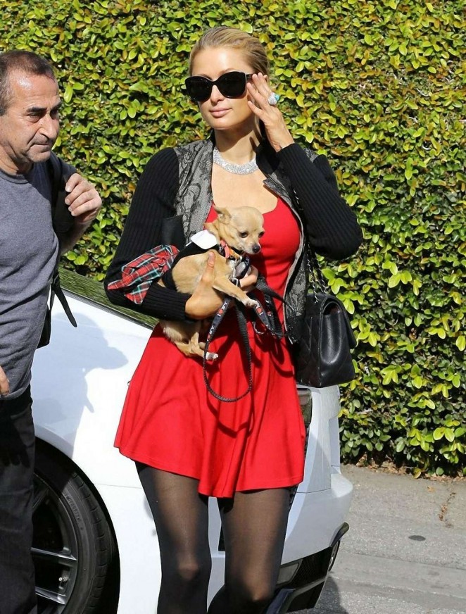 Paris Hilton in Red Mini Dress Stops by the salon in Beverly Hills