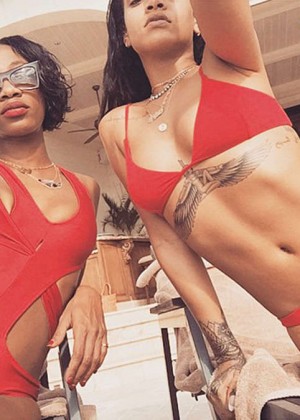 Rihanna and Melissa Ford in Red Bikinis in Barbados