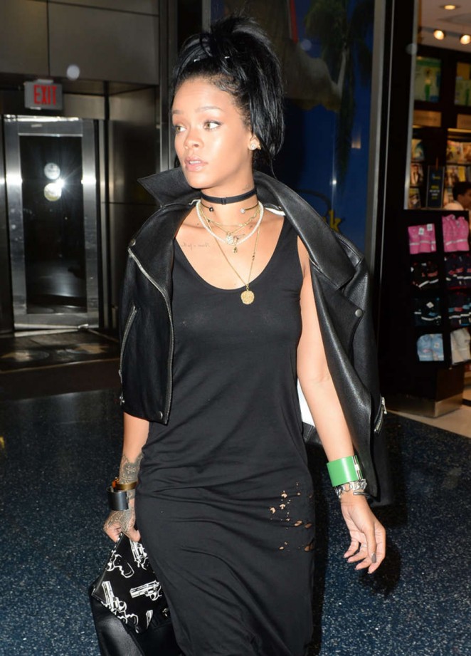 Rihanna in Black Dress at Miami International Airport