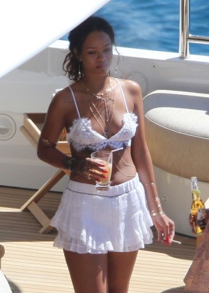 Rihanna in White Mini Dress out in Corsica