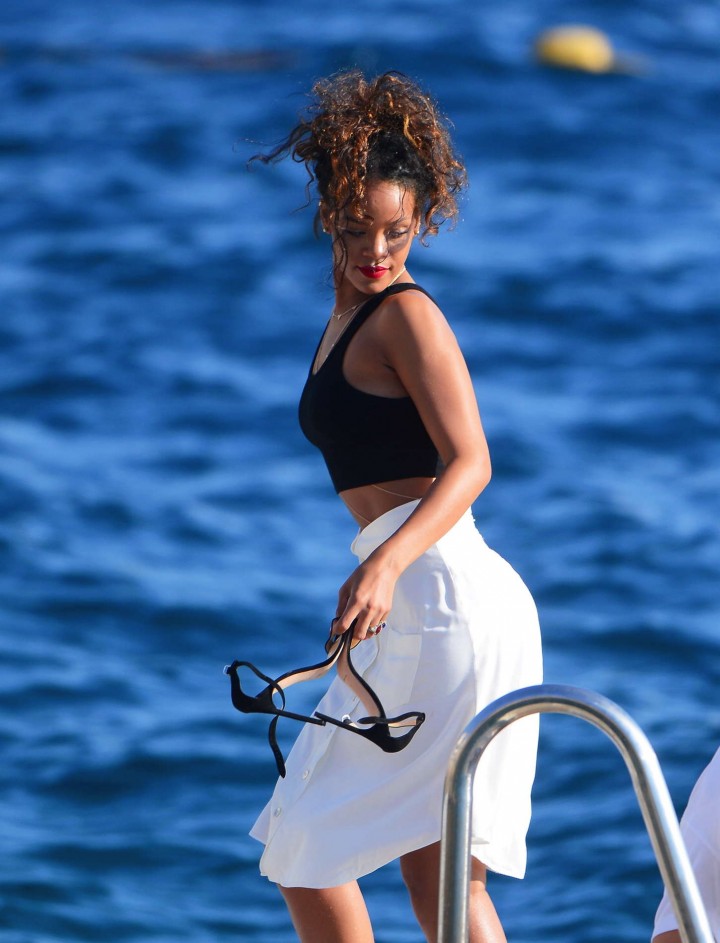 Rihanna in White Skirt on Vacationing in Saint Tropez