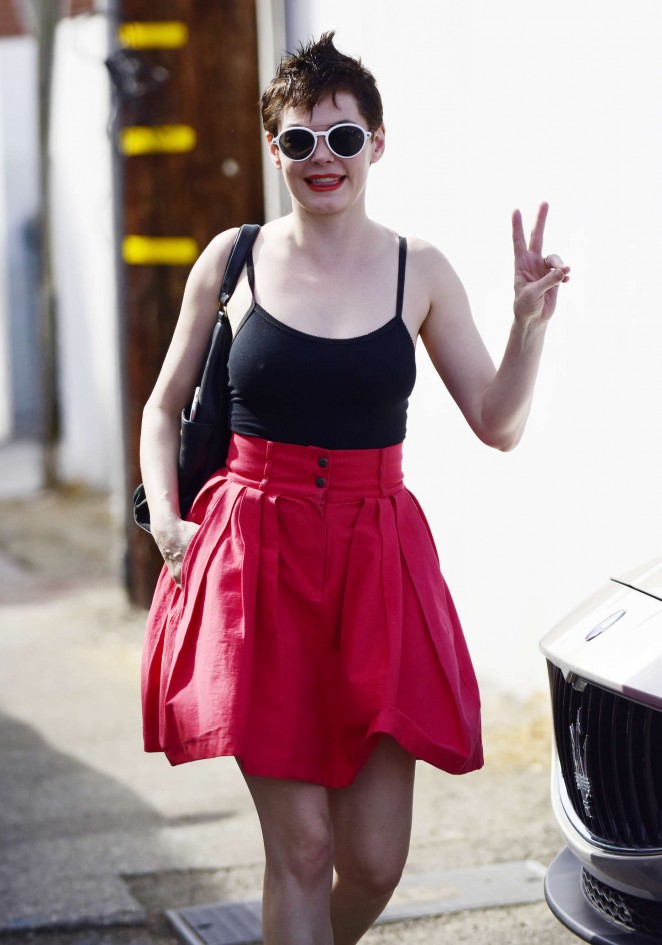 Rose McGowan in Red Skirt at Creative Artists Agency in Century City