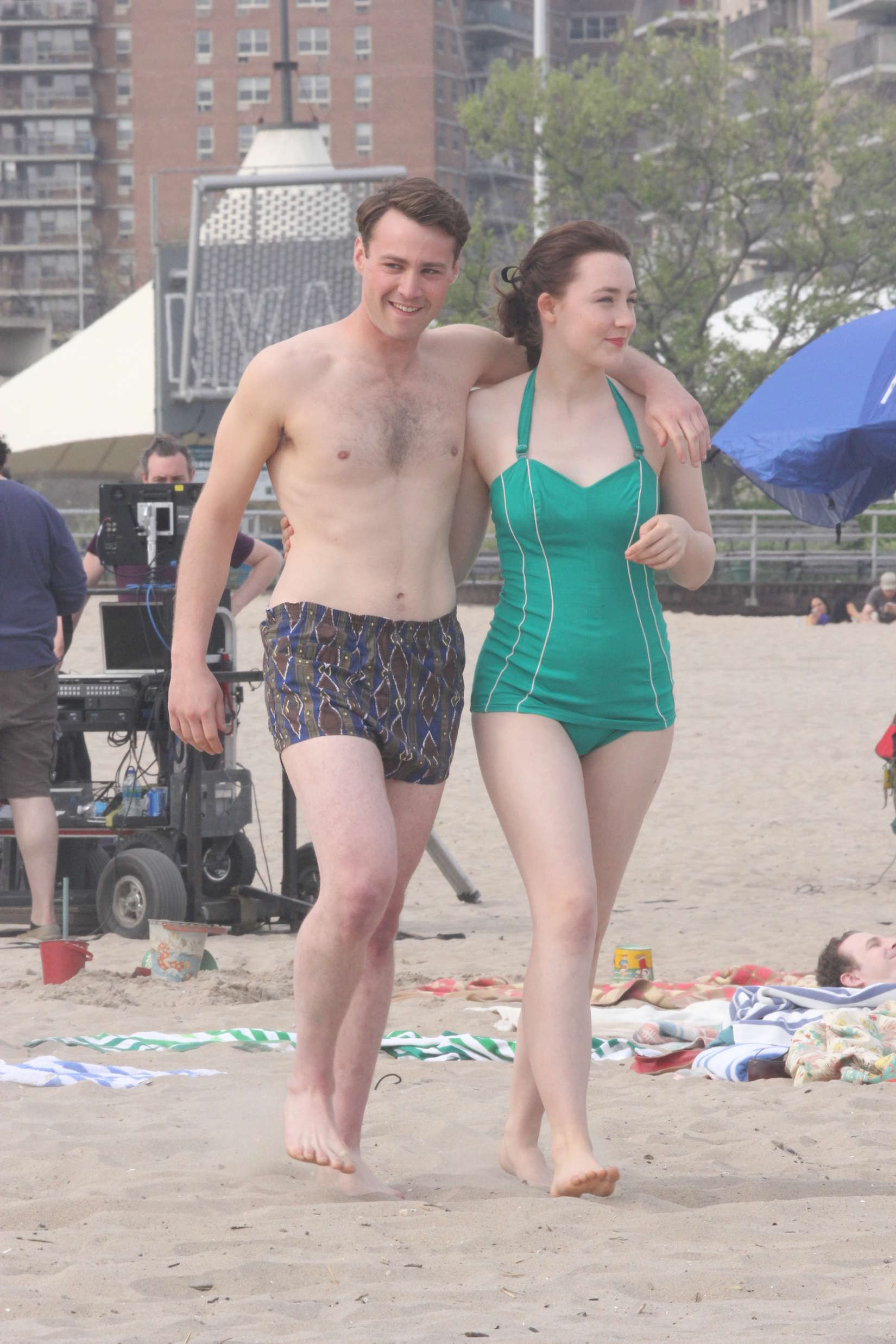 Saoirse Ronan in green swimsuit on New York set. 