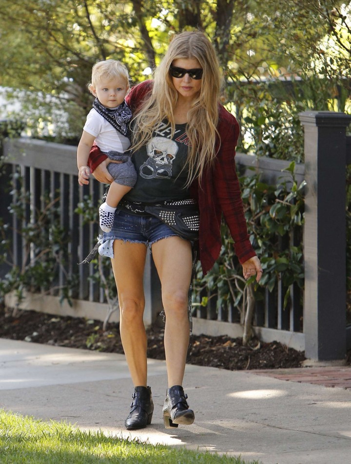 Stacy Fergie Ferguson in Jeans Shorts out with her son in Brentwood
