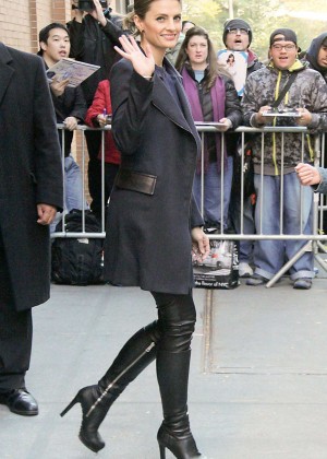 Stana Katic in Leather Pants at “GMA” and “The View” in NY
