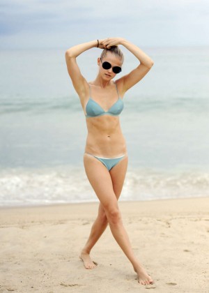Vita Sidorkina in Blue Bikini on the Beach in Montauk