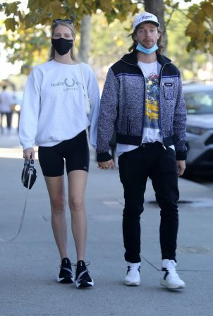Abby Champion and Patrick Schwarzenegger - Spotted while out for lunch at Kreation in Brentwood