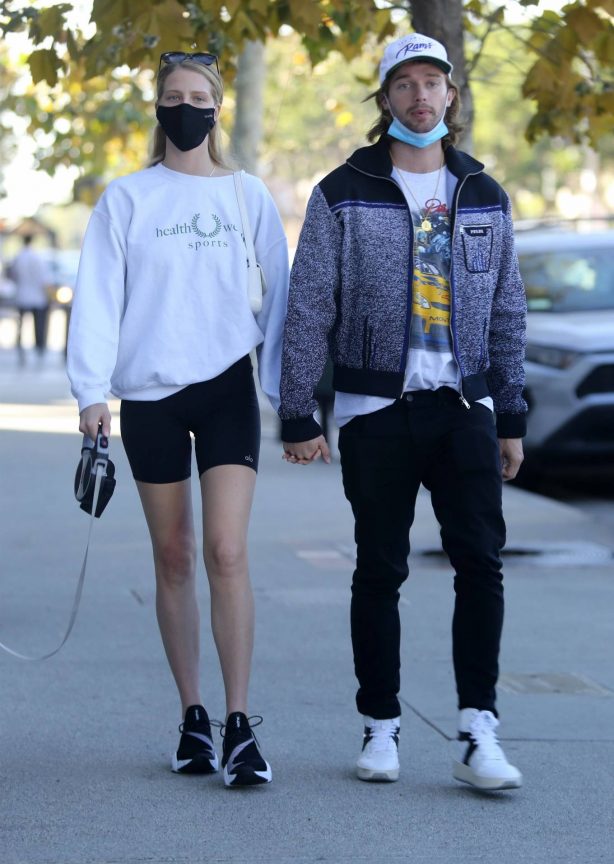 Abby Champion and Patrick Schwarzenegger - Spotted while out for lunch at Kreation in Brentwood
