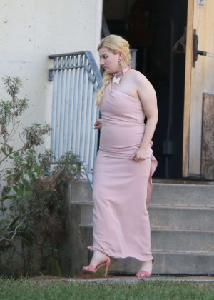 Abigail Breslin - Wearing a Pink Bridesmaids Dress in Scenes for 'Scream Queens' in Pasadena