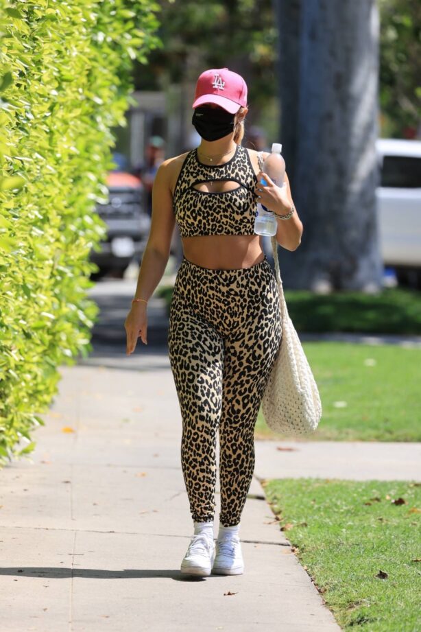 Addison Rae - In a leopard print yoga outfit in West Hollywood