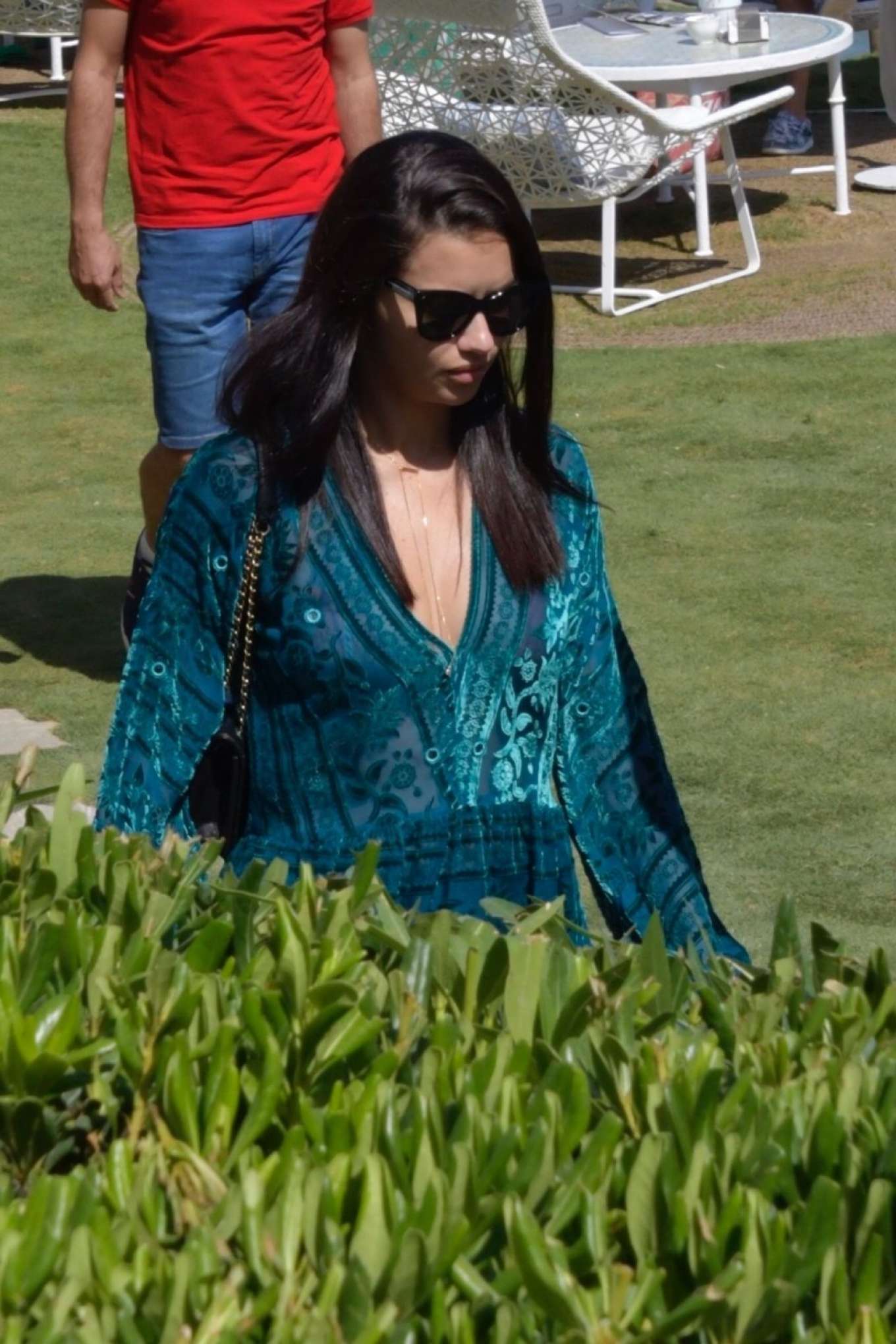 Adriana Lima in Blue Summer Dress at a beach club in Marbella
