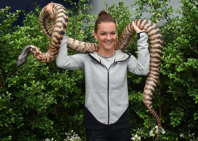 Agnieszka Radwanska holding a python snake in Melbourne