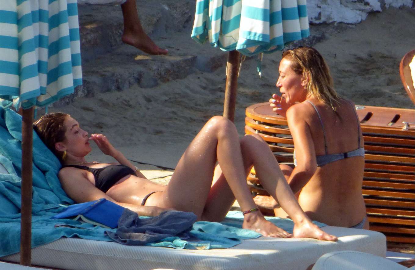 Alana Hadid in Silver Bikini on the beach in Mykonos