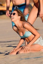 Alessandra Ambrosio in Bikini Top and Shorts - Playing a volleyball at Santa Monica Beach