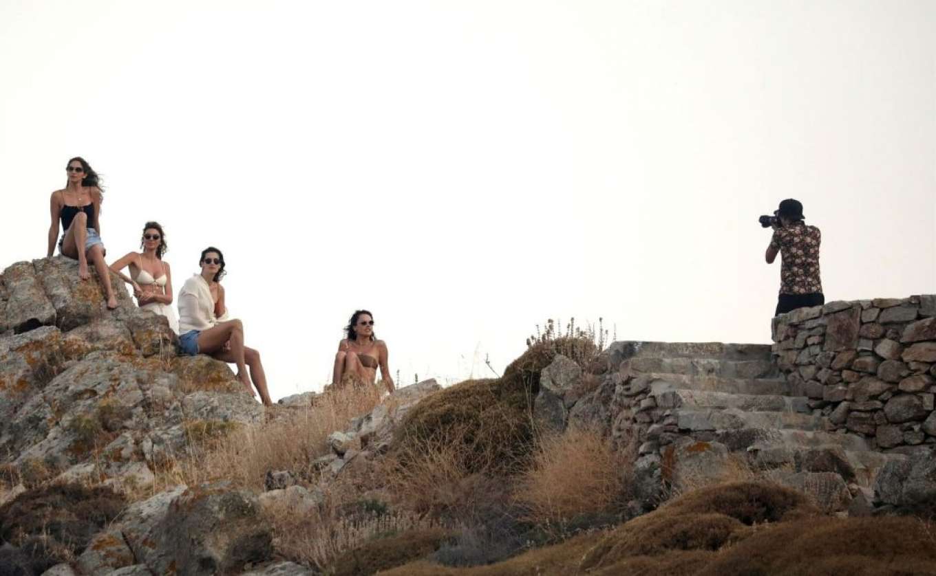 Alessandra Ambrosio in Bikini Top at Kensho Psarou Beach in Mykonos